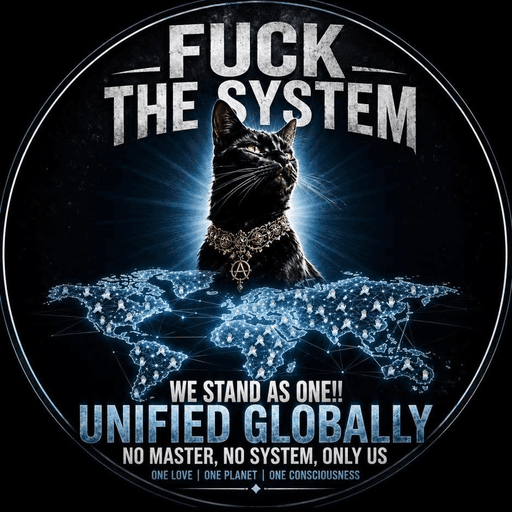 Fuck the System group artwork featuring a black cat over a world map